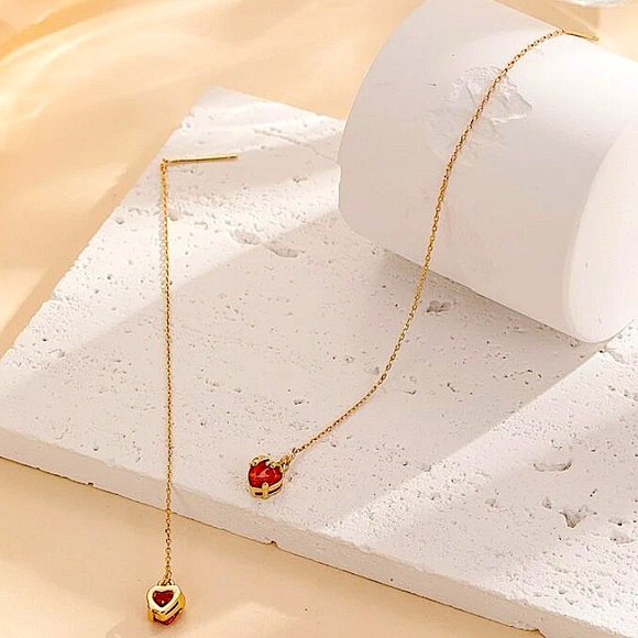 18K GOLD PLATED STRAWBERRY ZIRCON THREADER EARRINGS - Picture 3 of 4